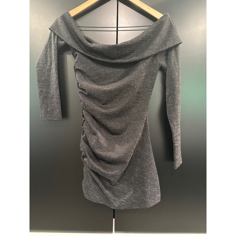 Lovers + Friends‎ Black Metallic Ruched Off Shoulder Mini Dress XS Sparkly